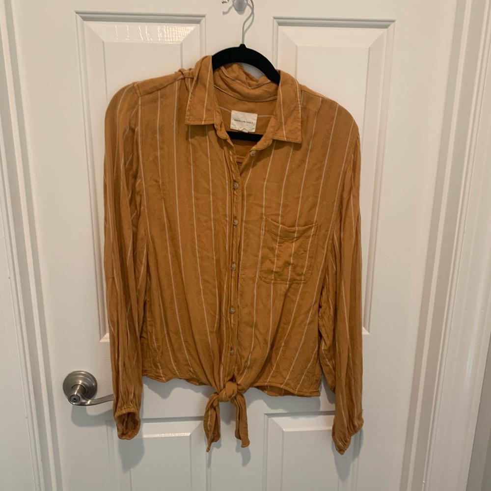 American Eagle Long Sleeve Mustard Button Down Front Tie Top Size S